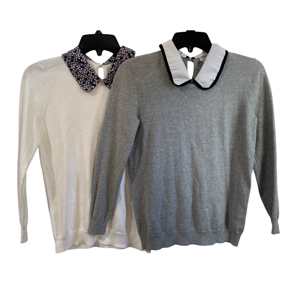 J Crew Womens XS Peter Pan Collar Sweater Bundle 100% Cotton Gray White 2‎ Pack